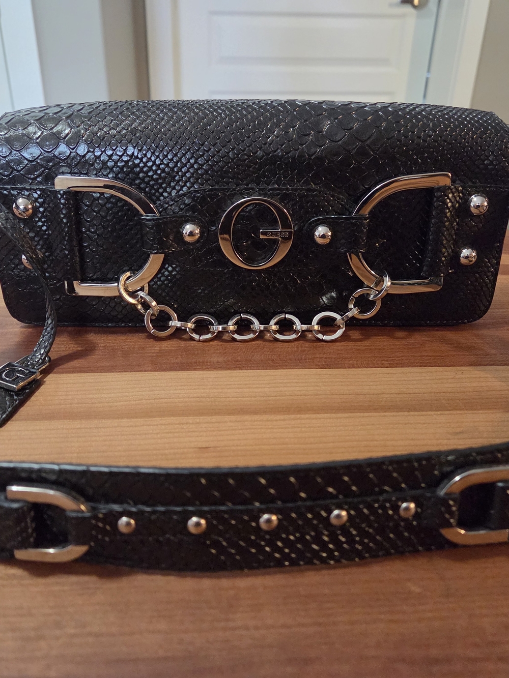 Vintage Guess Baguette Black Snake-Embossed Chain Accent Women's Shoulder Bag.